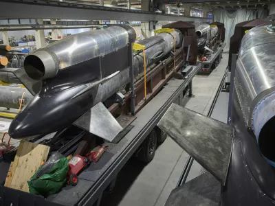 Flamingo missiles are seen at Fire Point's secret factory in Ukraine on Monday, Aug. 18, 2025. (AP Photo/Efrem Lukatsky)