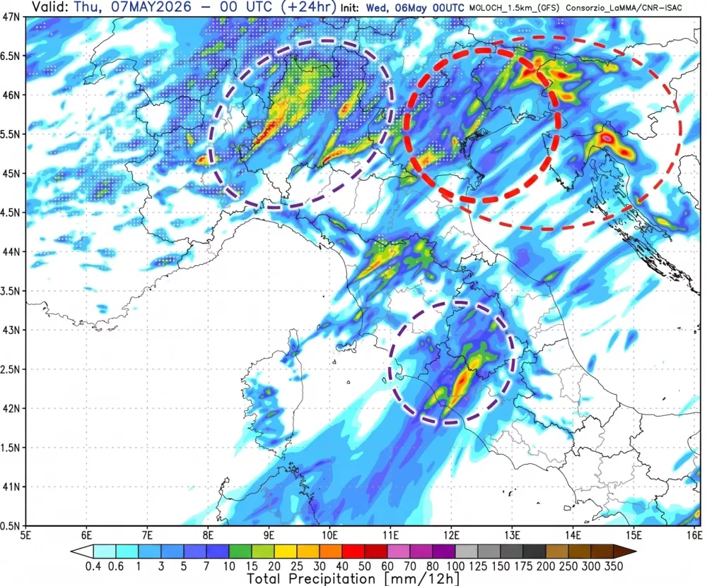 Slika, ki so jo objavili na Ilmeteo.it. Dodali smo tudi označbe za potencialno izpostavljena območja pri nas. / Foto: Ilmeteo.it