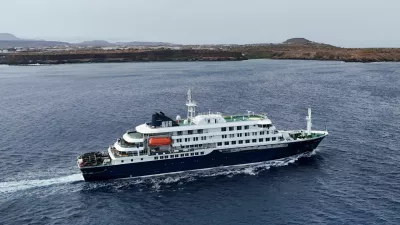 A drone view of the cruise ship MV Hondius, carrying passengers suspected of having cases of hantavirus on board, leaves Praia, Cape Verde, May 6, 2026. REUTERS/Stringer