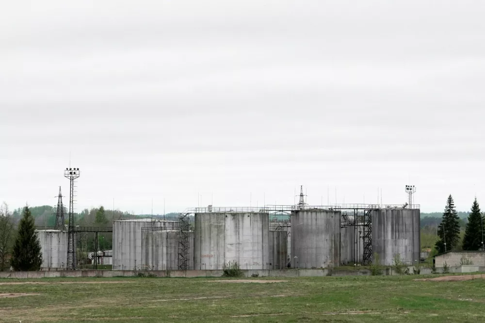 Oil tanks at the site where drones crashed at a storage facility in Rezekne, Latvia, May 7, 2026. REUTERS/Janis Laizans
