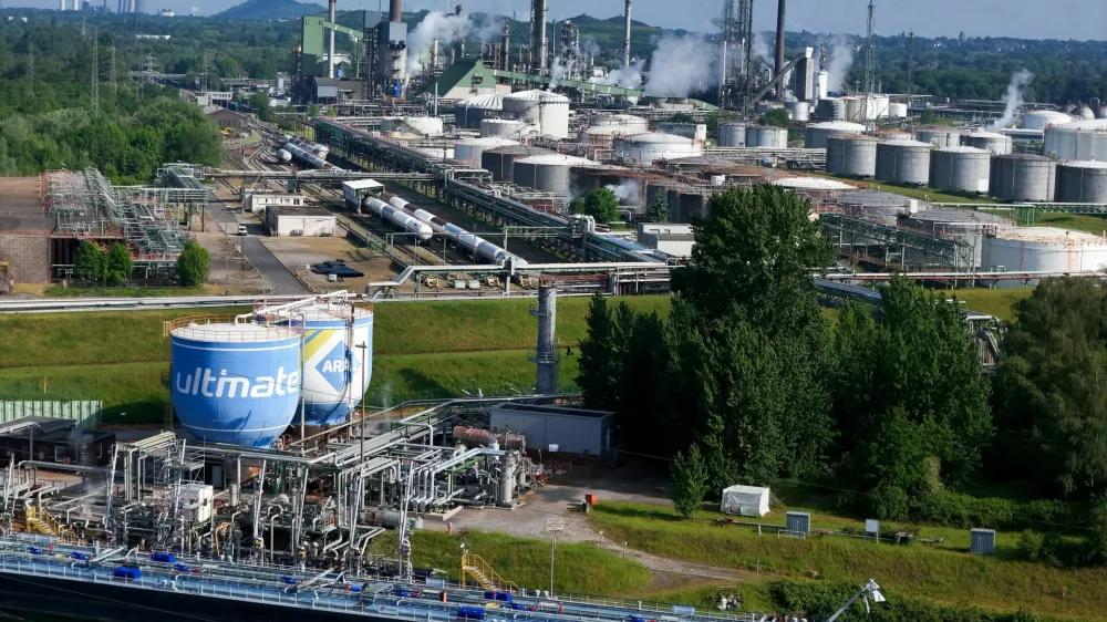 A drone view shows the fuel depot of Aral at the Ruhr Oel petroleum refineries of BP Gelsenkirchen in Gelsenkirchen, Germany, May 7, 2026. REUTERS/Leon Kuegeler