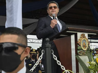 President Juan Orlando Hernandez delivers a speech during the celebration of the 196th anniversary of the Army of Honduras, at the Parada Marte Field, in Tegucigalpa, on December 10, 2021.,Image: 647381676, License: Rights-managed, Restrictions:, Model Release: no