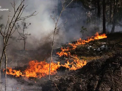 In this photo provided by the Ukrainian Emergency Service, a forest fire burning in the exclusion zone around the Chernobyl nuclear power plant, Ukraine, Friday, May 8, 2026. (Ukrainian Emergency Service via AP)