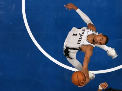 San Antonio Spurs forward Victor Wembanyama (1) grabs a rebound during the second half of Game 3 of a NBA basketball second-round playoff series against the Minnesota Timberwolves, Friday, May 8, 2026, in Minneapolis. (AP Photo/Abbie Parr)