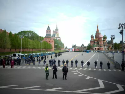 Police officers guard at Vasilevsky Spusk square before the Victory Day military parade, marking the 81st anniversary of the Soviet Union's victory over Nazi Germany in World War II, in Moscow, Russia, May 9, 2026. Pavel Bednyakov/Pool via REUTERS