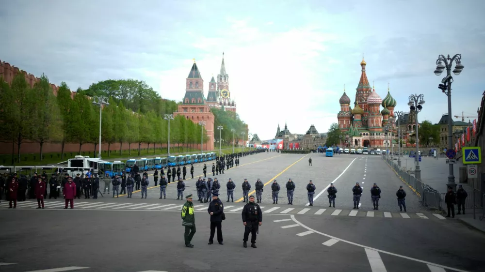 Police officers guard at Vasilevsky Spusk square before the Victory Day military parade, marking the 81st anniversary of the Soviet Union's victory over Nazi Germany in World War II, in Moscow, Russia, May 9, 2026. Pavel Bednyakov/Pool via REUTERS
