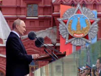 Russian President Vladimir Putin delivers a speech during a military parade on Victory Day, marking the 81st anniversary of the victory over Nazi Germany in World War Two, in Red Square in central Moscow, Russia, May 9, 2026, in this still image taken from video. Kremlin.ru/Handout via REUTERS ATTENTION EDITORS - THIS IMAGE WAS PROVIDED BY A THIRD PARTY. MANDATORY CREDIT.