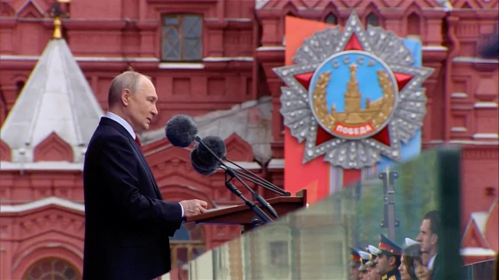 Russian President Vladimir Putin delivers a speech during a military parade on Victory Day, marking the 81st anniversary of the victory over Nazi Germany in World War Two, in Red Square in central Moscow, Russia, May 9, 2026, in this still image taken from video. Kremlin.ru/Handout via REUTERS ATTENTION EDITORS - THIS IMAGE WAS PROVIDED BY A THIRD PARTY. MANDATORY CREDIT.
