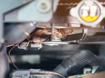 Auto mechanic clean dirty air fan form mouse.It try collect garbage to build rat's nest in car. technician repairs problem
