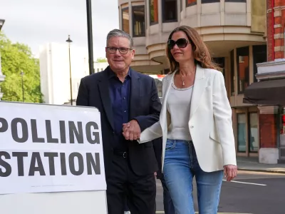 Britain's Prime Minister Keir Starmer and wife Victoria arrive at a polling station in central London, Thursday, May 7, 2026 to cast their votes in the local elections.(AP Photo/Kirsty Wigglesworth)