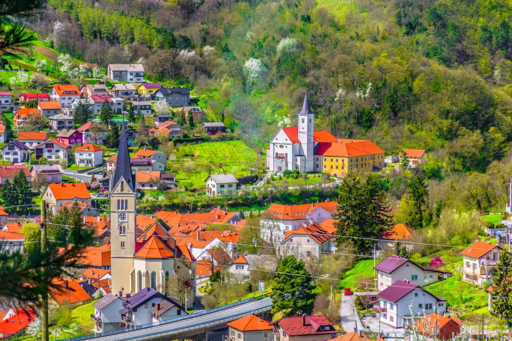 Aerial view at Krapina town in Northern Croatia, popular travel and historical destination.
