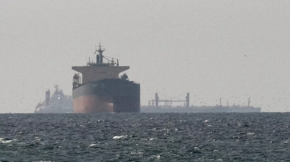 FILE PHOTO: Cargo ships in the Gulf, near the Strait of Hormuz, as seen from northern Ras al-Khaimah, near the border with Oman's Musandam governance, amid the U.S.-Israeli conflict with Iran, in United Arab Emirates, March 11, 2026./File Photo