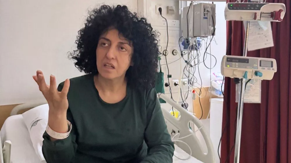 Prominent Iranian human rights activist Narges Mohammadi in a hospital in Tehran, Iran on May 10, 2026. (Narges Foundation Archive via AP)