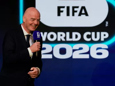 FILE - FIFA President Gianni Infantino speaks during the match schedule reveal for the 2026 soccer World Cup in Washington, Saturday, Dec. 6, 2025. (AP Photo/Chris Carlson, File)