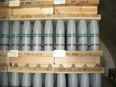Mustard gas-filled 105mm projectiles are seen inside a chemical storage igloo, at the Pueblo Chemical Depot in an undated photo provided by the U.S. Army Chemical Materials Activity (CMA) in Pueblo, Colorado. The destruction of 2,600 tons of World War Two-era mustard agent weapons banned by international treaty began on March 18, 2015 at a U.S. Army depot in southern Colorado, officials said. REUTERS/U.S. Army Chemical Materials Activity/handout via Reuters (UNITED STATES - Tags: MILITARY SCIENCE TECHNOLOGY) - RTR4TXVD