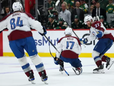 May 11, 2026; Saint Paul, Minnesota, USA; Colorado Avalanche center Parker Kelly (17) celebrates his goal against the Minnesota Wild during the third period in game four of the second round of the 2026 Stanley Cup Playoffs at Grand Casino Arena. Mandatory Credit: Matt Krohn-Imagn Images
