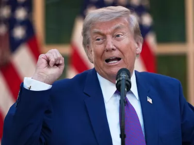 President Donald Trump speaks at a dinner for members of his administration and law enforcement organization leaders, during National Police Week, in the White House Rose Garden, Monday, May 11, 2026, in Washington. (AP Photo/Julia Demaree Nikhinson)