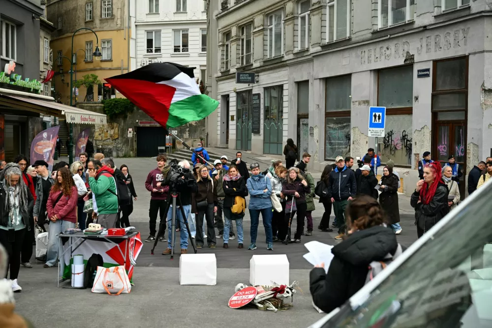 People take part in a protest against the participation of Israel at the Eurovision Song Contest in Vienna, Austria, May 12, 2026. REUTERS/Elisabeth Mandl