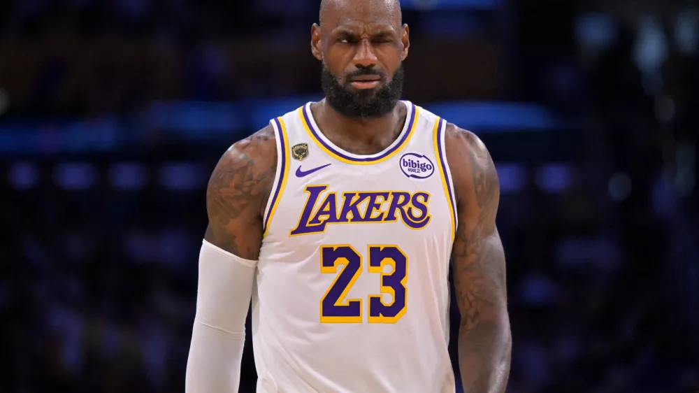 May 9, 2026; Los Angeles, California, USA; Los Angeles Lakers forward LeBron James (23) reacts after a foul in game three of the second round of the 2026 NBA Playoffs against the Oklahoma City Thunder at Crypto.com Arena. Mandatory Credit: Jayne Kamin-Oncea-Imagn Images