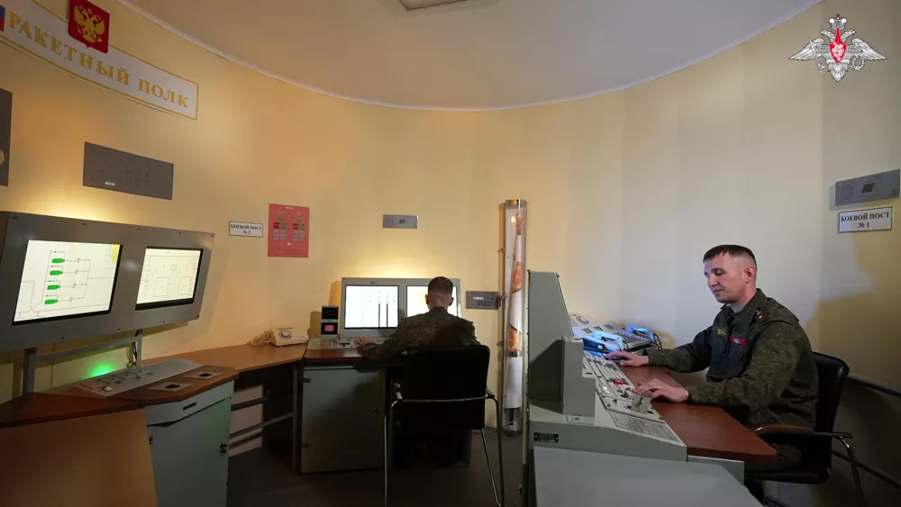 In this image made from video provided by Russian Defense Ministry Press Service on Tuesday, May 12, 2026, Russian servicemen oversee a test launch of the new Sarmat intercontinental ballistic missile at an unspecified location in Russia. (Russian Defense Ministry Press Service via AP)