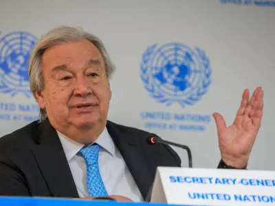 Secretary-General of the United Nations Ant&oacute;nio Guterres talks to members of the press during a groundbreaking ceremony for the expansion of the UN headquarters in Nairobi, Monday, May 11, 2026. (AP Photo/Andrew Kasuku)
