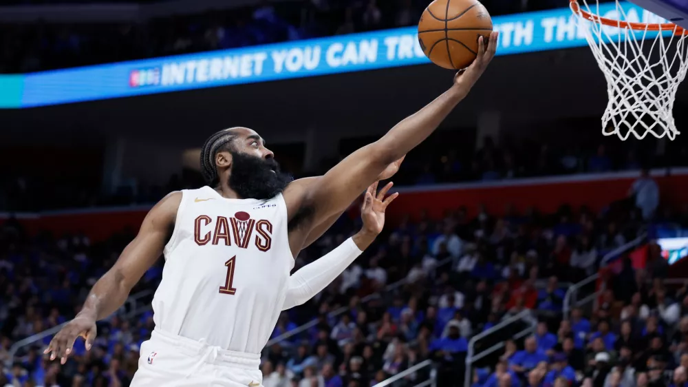 Cleveland Cavaliers guard James Harden goes to the basket against the Detroit Pistons during the second half in Game 5 of a second-round NBA playoffs basketball series, Wednesday, May 13, 2026, in Detroit. (AP Photo/Duane Burleson)