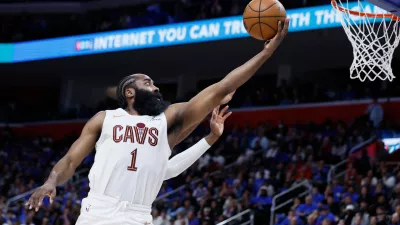 Cleveland Cavaliers guard James Harden goes to the basket against the Detroit Pistons during the second half in Game 5 of a second-round NBA playoffs basketball series, Wednesday, May 13, 2026, in Detroit. (AP Photo/Duane Burleson)