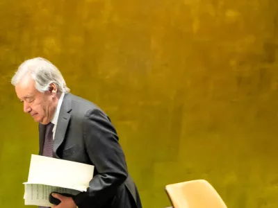 United Nations Secretary-General Antonio Guterres leaves a meeting on Nuclear Non-Proliferation Treaty at U.N. headquarters in New York City, U.S., April 27, 2026. REUTERS/Eduardo Munoz