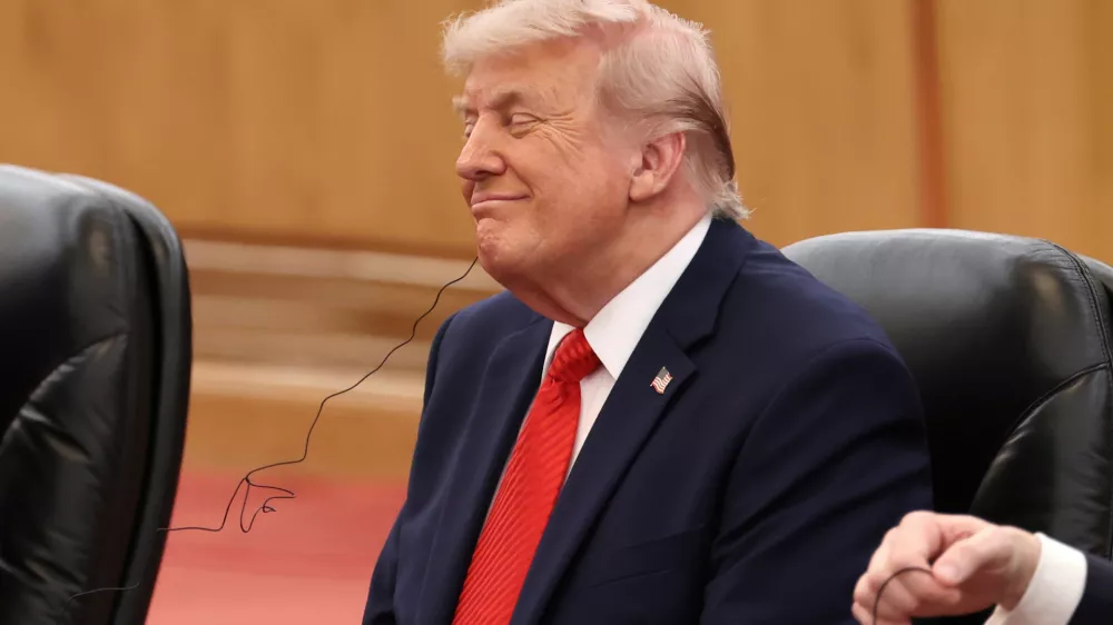 U.S. President Donald Trump attends a bilateral meeting with Chinese President Xi Jinping (not pictured) at the Great Hall of the People in Beijing, Thursday, May 14, 2026. (Maxim Shemetov/Pool Photo via AP)