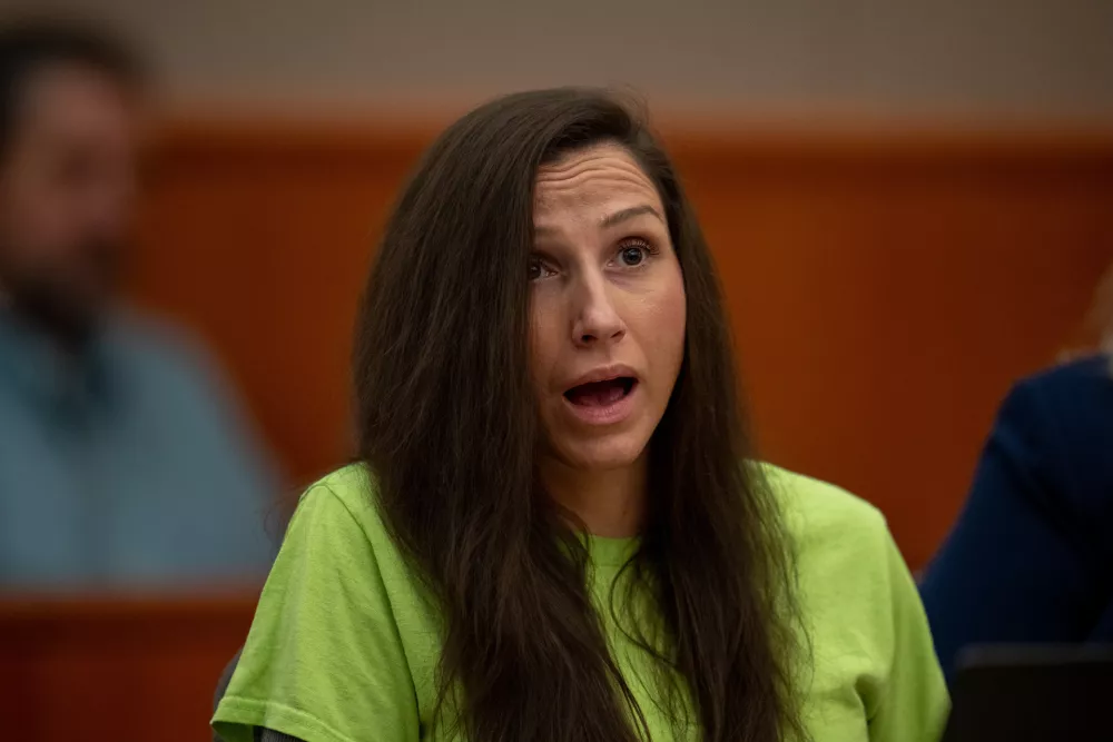Kouri Richins listens to statements written by her children during her sentencing in 3rd District Court in Park City, Utah, on Wednesday, May 13, 2026. (Trent Nelson/The Salt Lake Tribune via AP, Pool)