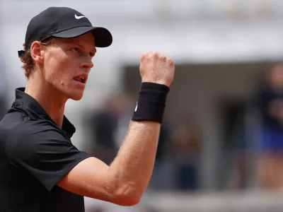 Italy's Jannik Sinner reacts after beating Andrey Rublev 6-2, 6-4, during their match at the Italian Open tennis tournament in Rome, Thursday, May 14, 2026. (AP Photo/Andrew Medichini)