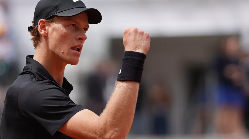 Italy's Jannik Sinner reacts after beating Andrey Rublev 6-2, 6-4, during their match at the Italian Open tennis tournament in Rome, Thursday, May 14, 2026. (AP Photo/Andrew Medichini)