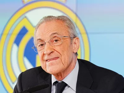 Real Madrid president Florentino Perez gives a press conference in Madrid, Tuesday, May 12, 2026. (AP Photo/Bernat Armangue)