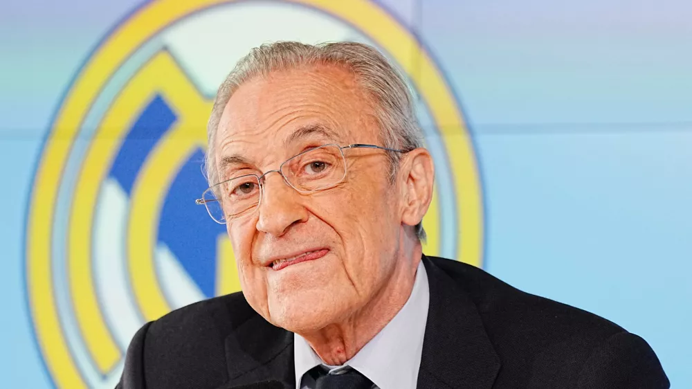 Real Madrid president Florentino Perez gives a press conference in Madrid, Tuesday, May 12, 2026. (AP Photo/Bernat Armangue)