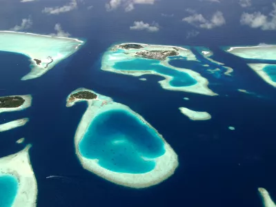 Panoramic view of Maldives islands from sea plane