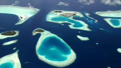 Panoramic view of Maldives islands from sea plane
