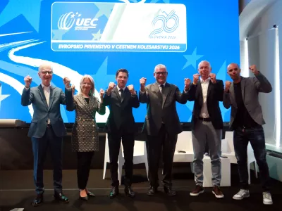 ​18.05.2026 - predstavitev evropskega prvenstva v kolesarstvuFranjo BobinacTanja PakAndraž VehovarEnrico Della CasaTomaž PoljanecLuka MezgecFoto: Tomaž Skale