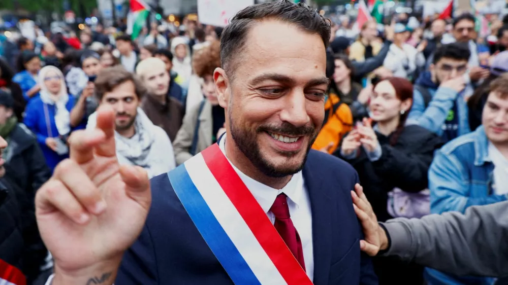 FILE PHOTO: Sebastien Delogu, deputy for La France Insoumise (LFI) party attends a pro-Palestinian protest in central Paris, France, May 29, 2024. REUTERS/Abdul Saboor/File Photo