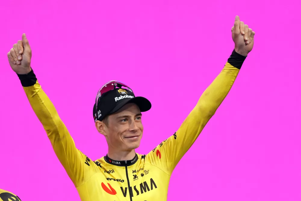 Denmark's Jonas Vingegaard during the teams' presentation ahead of the Giro d'Italia cycling race in Burgas, Bulgaria, Wednesday, May 6, 2026. (Fabio Ferrari/LaPresse via AP)