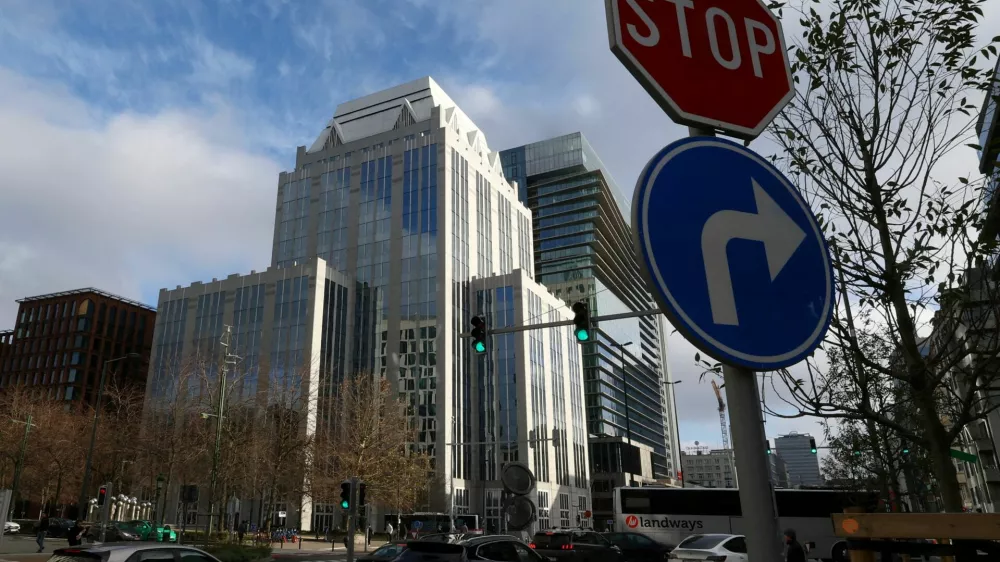 FILE PHOTO: The headquarters of Euroclear, a Belgium-based central securities depository financial institution where the frozen Russian assets are held, in Brussels, Belgium December 5, 2025. REUTERS/Yves Herman/File Photo
