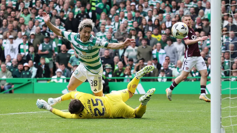 Soccer Football - Scottish Premiership - Celtic v Heart of Midlothian - Celtic Park, Glasgow, Scotland, Britain - May 16, 2026 Celtic's Daizen Maeda scores their second goal Action Images via Reuters/Andrew Boyers