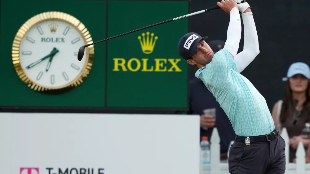 May 16, 2026; Newtown Square, Pennsylvania, USA; Alex Smalley plays on the 18th hole during the third round of the PGA Championship golf tournament. Mandatory Credit: James Lang-Imagn Images