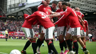 Soccer Football - Premier League - Manchester United v Nottingham Forest - Old Trafford, Manchester, Britain - May 17, 2026 Manchester United's Bryan Mbeumo celebrates scoring their third goal with teammates REUTERS/Phil Noble EDITORIAL USE ONLY. NO USE WITH UNAUTHORIZED AUDIO, VIDEO, DATA, FIXTURE LISTS, CLUB/LEAGUE LOGOS OR 'LIVE' SERVICES. ONLINE IN-MATCH USE LIMITED TO 120 IMAGES, NO VIDEO EMULATION. NO USE IN BETTING, GAMES OR SINGLE CLUB/LEAGUE/PLAYER PUBLICATIONS. PLEASE CONTACT YOUR ACCOUNT REPRESENTATIVE FOR FURTHER DETAILS..