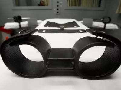 FILE - This Nov. 18, 2011 file photo shows the leg tie downs on the gurney in the execution room at the Oregon State Penitentiary, in Salem, Ore. The United States was the only Western democracy that executed prisoners last year, even as an increasing number of U.S. states are moving to abolish the death penalty, Amnesty International announced Monday, March 26, 2012. Oregon adopted a moratorium on executions last year. (AP Photo/Rick Bowmer, File)