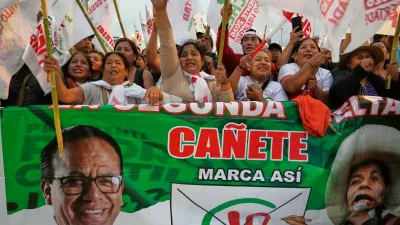 Supporters of presidential candidate Roberto Sanchez of Together for Peru party cheer during a rally in Lima, Peru, Sunday, May 17, 2026. (AP Photo/Martin Mejia)