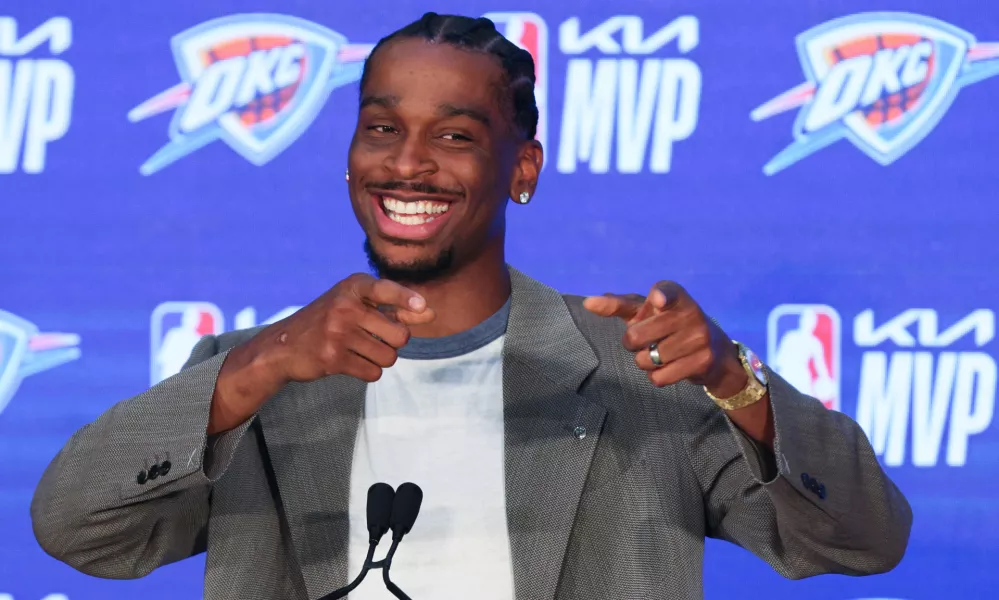 Oklahoma City Thunder guard Shai Gilgeous-Alexander gestures during a news conference after being named the NBA basketball MVP Sunday, May 17, 2026, in Oklahoma City. (AP Photo/Nate Billings)