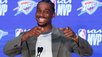 Oklahoma City Thunder guard Shai Gilgeous-Alexander gestures during a news conference after being named the NBA basketball MVP Sunday, May 17, 2026, in Oklahoma City. (AP Photo/Nate Billings)
