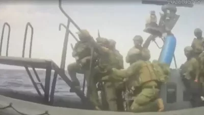 An Israeli naval boat intercepts the Global Sumud Flotilla en route to Gaza, in an attempt to deliver aid, at sea May 18, 2026, in this screengrab taken from a handout video. Global Sumud Flotilla/Handout via REUTERS  THIS IMAGE HAS BEEN SUPPLIED BY A THIRD PARTY. NO RESALES. NO ARCHIVES. MANDATORY CREDIT.