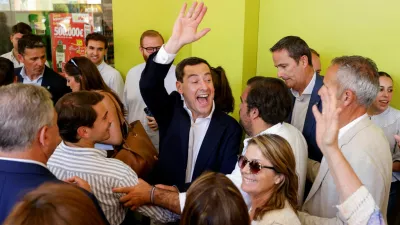 Andalusian regional president and People's Party (PP) candidate, Juanma Moreno Bonilla, reacts during a rally campaign ahead of the Andalusian regional elections, in Seville, Spain, May 15, 2026. REUTERS/Marcelo del Pozo