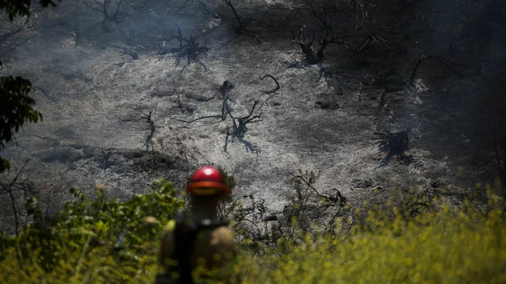 A firefighter walks towards a charred hillside during a wildfire known as the Sandy Fire, in Simi Valley, California, U.S., May 18, 2026. REUTERS/Daniel Cole   TPX IMAGES OF THE DAY / Foto: Daniel Cole